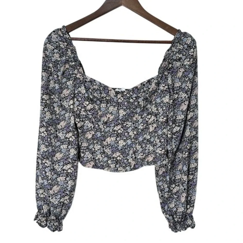ASTR Ditsy Floral Smocked Cropped Bodice Long Puff Sleeve Blouse Size S